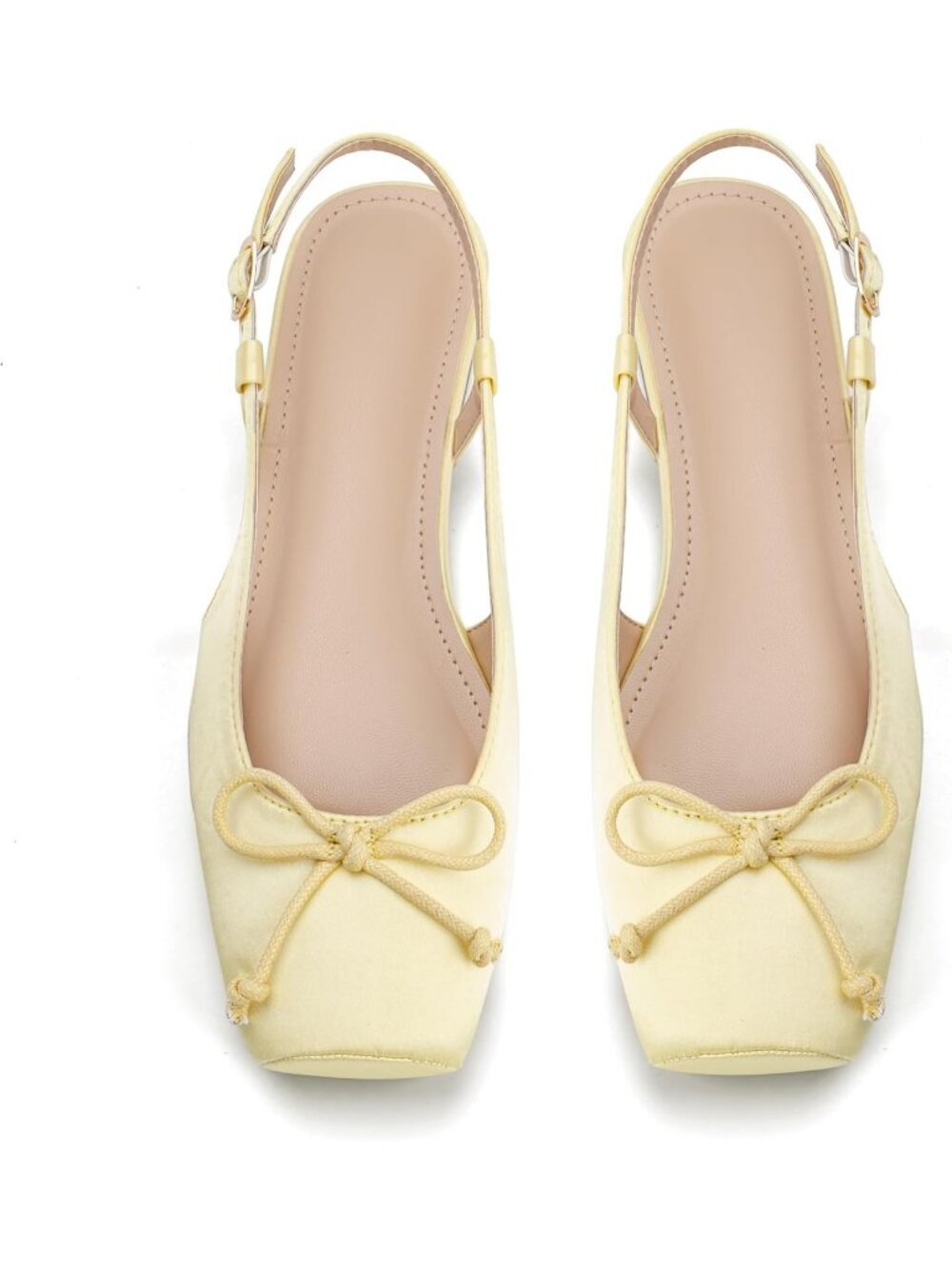 Women's Yellow Slingback Square Toe Bow Knit Ankle Buckle Satin Ballet Flats